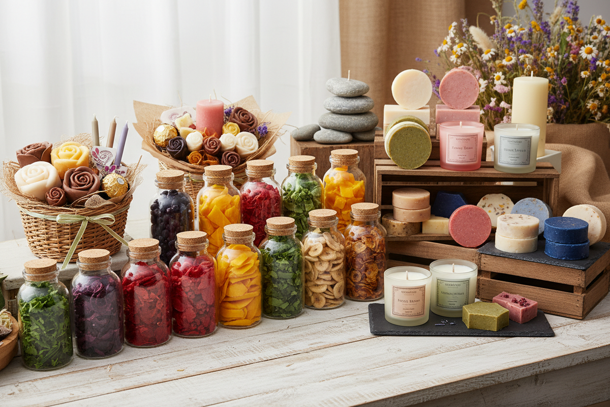 freeze dried fruit vegetables, soaps, candles, dehydrated fruits vegetables, bouquets made from soaps , candles, chocolates