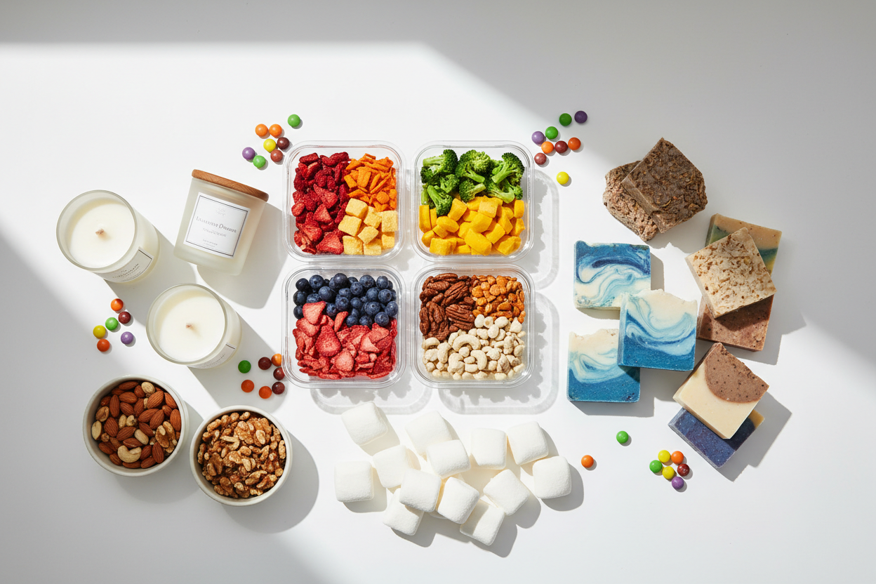 freeze dried fruit vegetables, soaps, candles, nuts, marshmellows, skittles